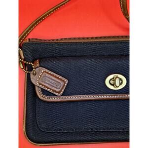 Vintage Coach Turnlock Wristlet Black Canvas Leather Trim Brass Hardware Logo